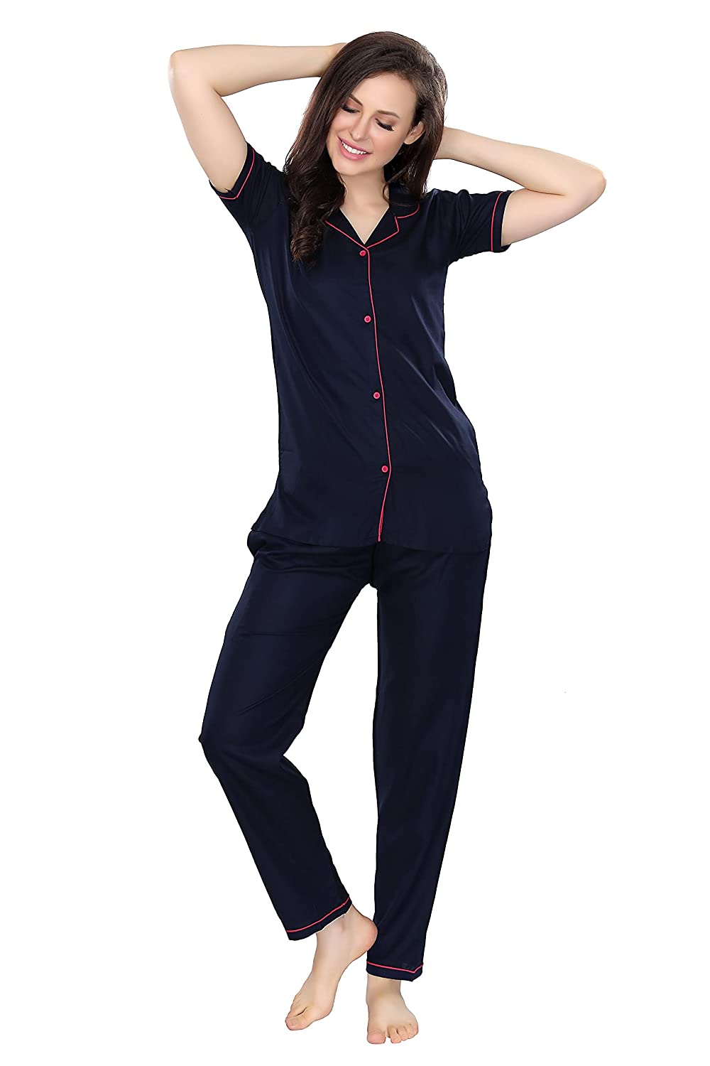 ZEYO Women's Cotton Solid Plain Navy Blue Night Suit Set of Shirt & Pyjama  5241 : Amazon.in: Fashion